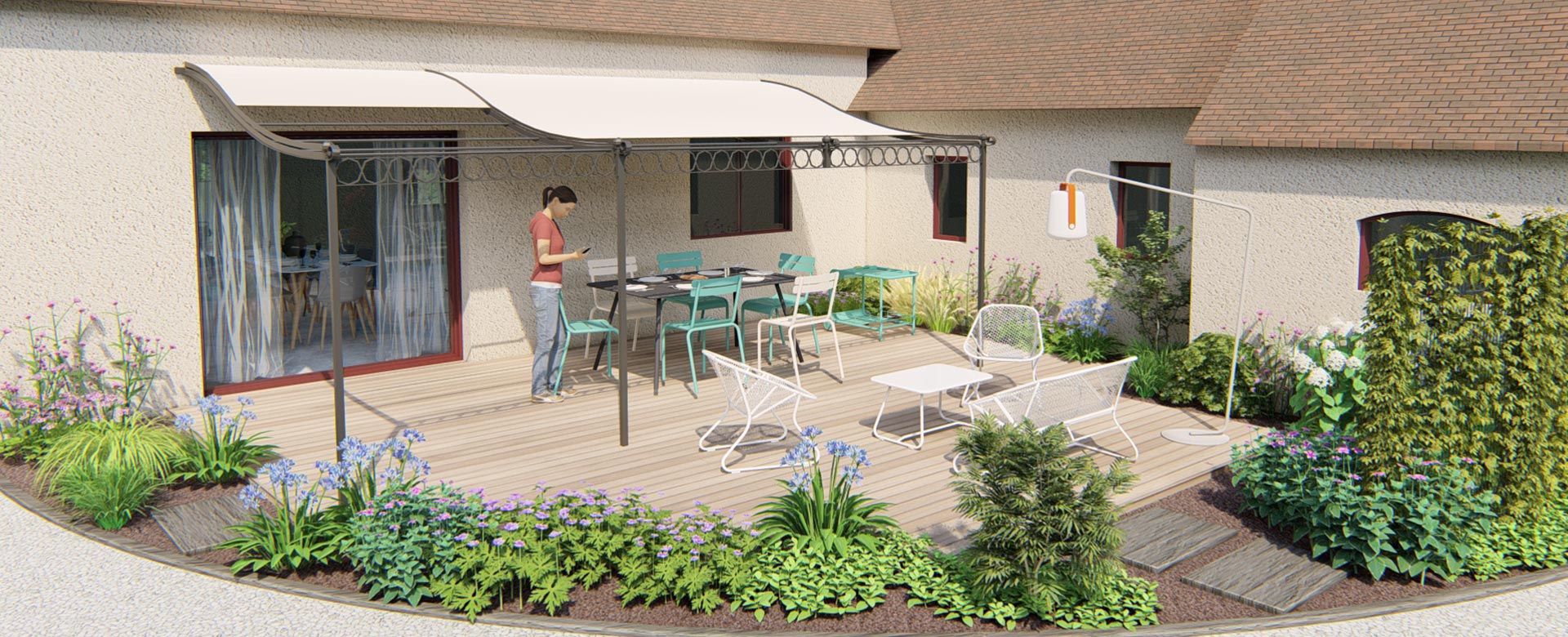 montage 3D d'une terrasse paysagée avec massifs et pergola adossée